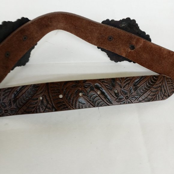 Tooled Leather Belt With Cross Buckle Rhinestone Conchos - Picture 6 of 9